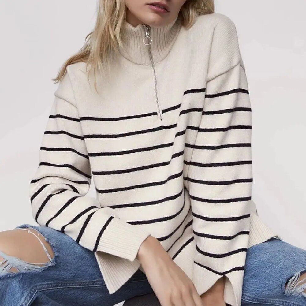 NWT Design History Cozy Oat/Black Stripe Sweater 1X